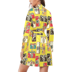Camera Pattern Print Design 02 Women's Long Sleeve Belted Night Robe