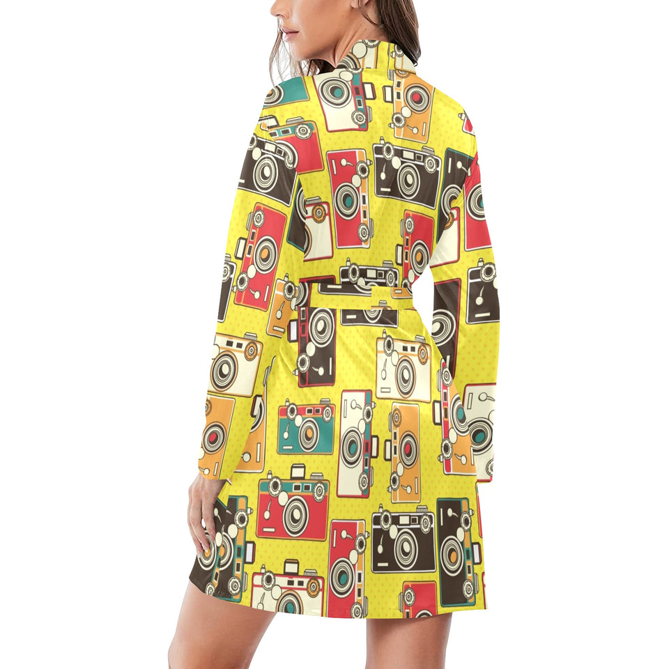 Camera Pattern Print Design 02 Women's Long Sleeve Belted Night Robe
