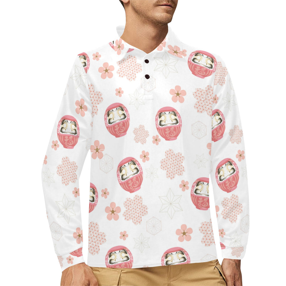 Daruma japanese wooden doll cherry blossom flower Men's Long Sleeve Polo Shirt