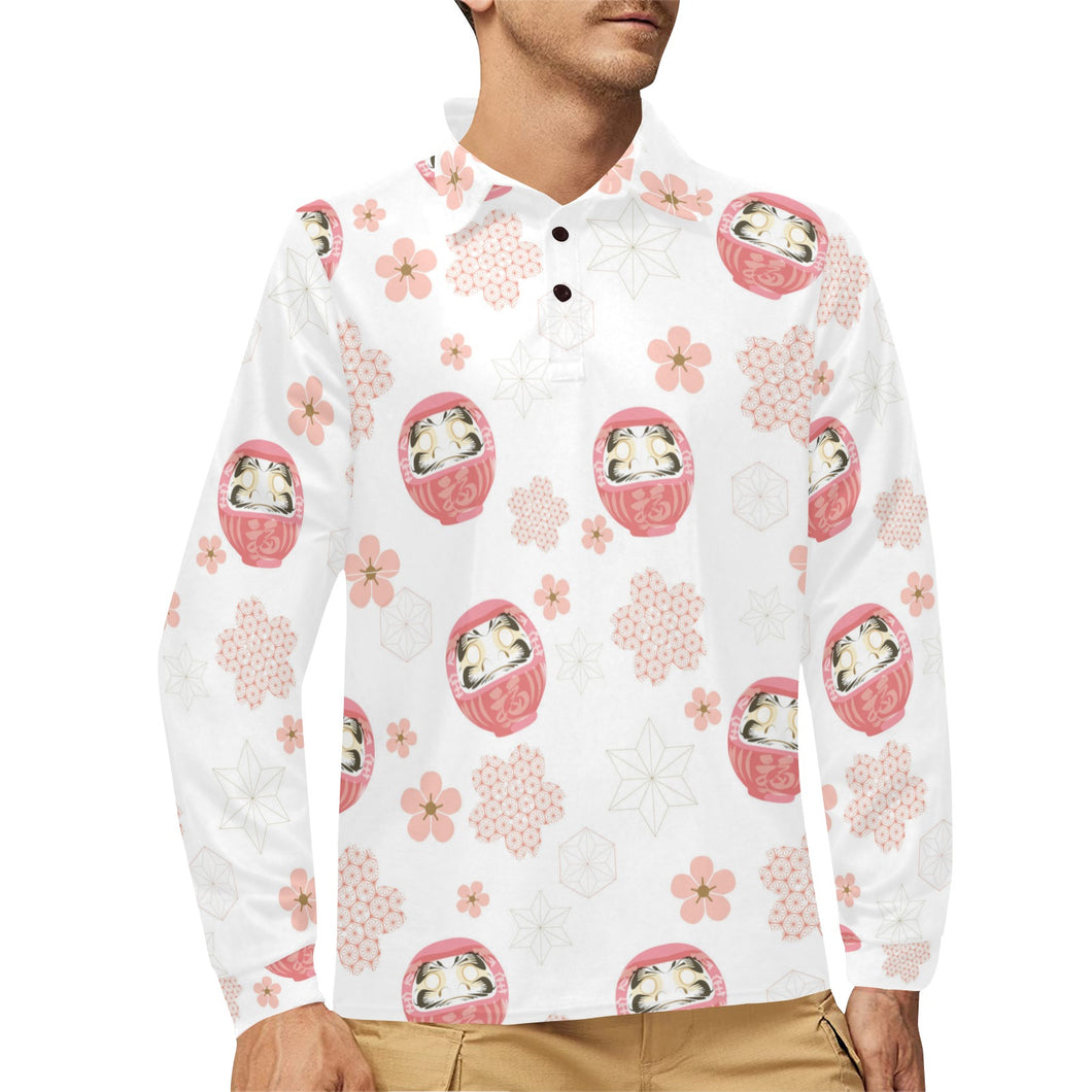 Daruma japanese wooden doll cherry blossom flower Men's Long Sleeve Polo Shirt