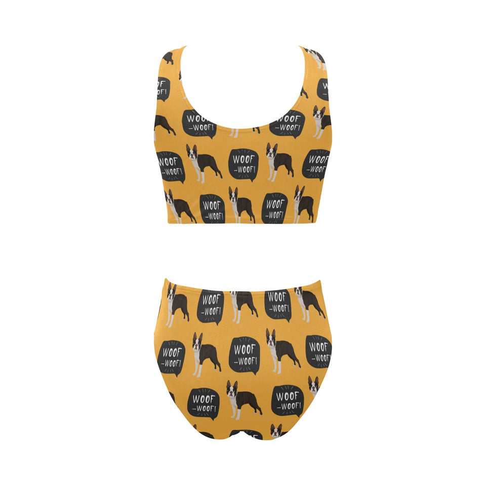 Boston terrier design pattern Chest Bowknot High Waisted Bikini Swimsuit