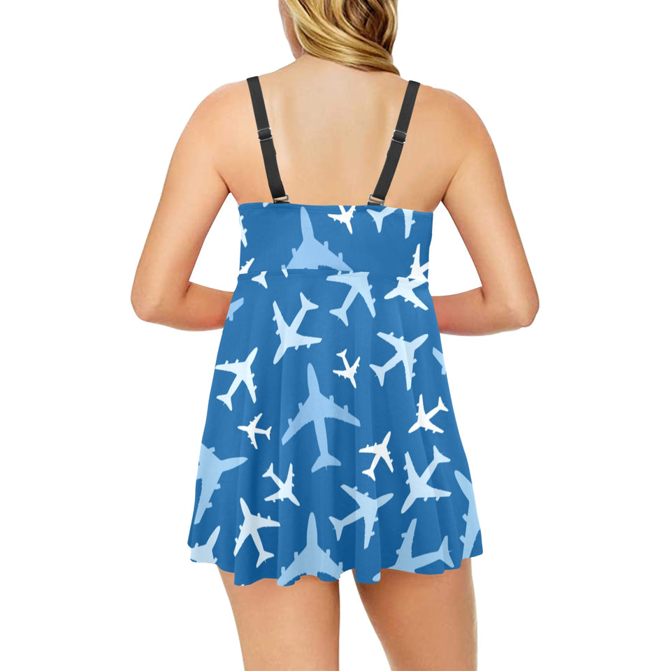 Airplane pattern in the sky Chest Sexy Pleated Two Piece Swim Dress