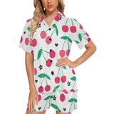 cherry pattern white background Women's V-Neck Short Pajama Set