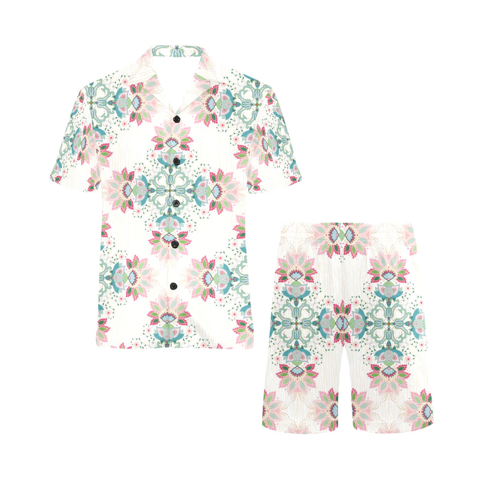 Square floral indian flower pattern Men's V-Neck Short Pajama Set