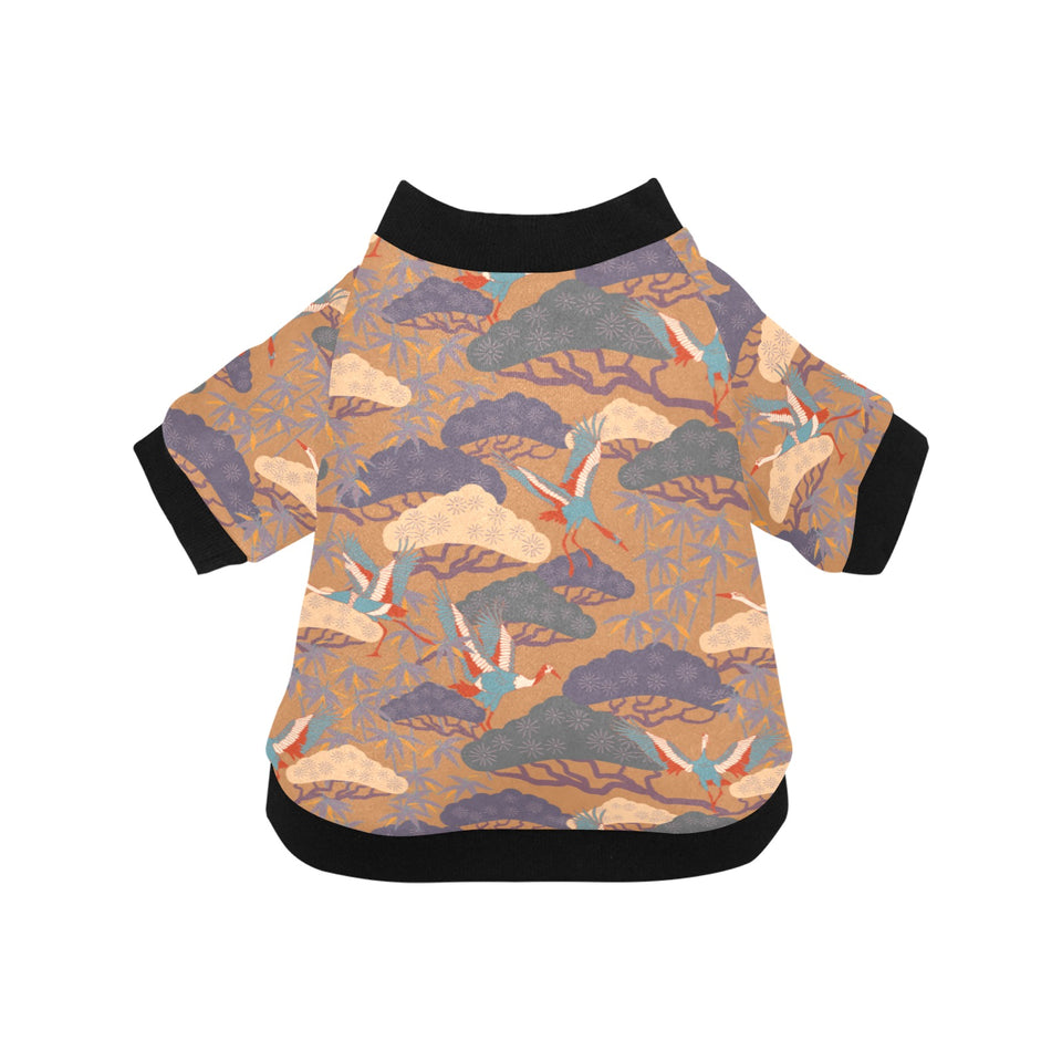 Bonsai bamboo stork japanese pattern brown theme All Over Print Pet Dog Round Neck Fuzzy Shirt