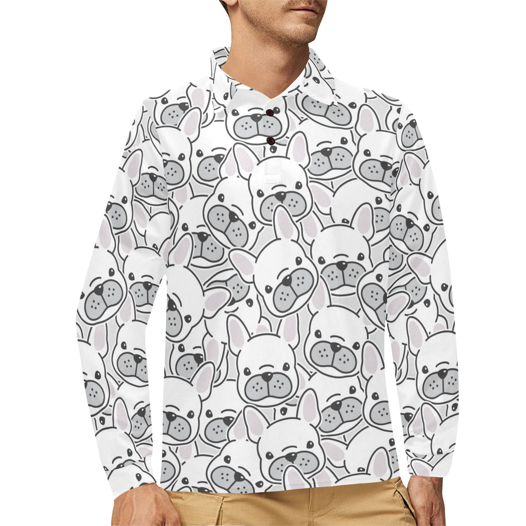 Cute french bulldog head pattern Men's Long Sleeve Polo Shirt