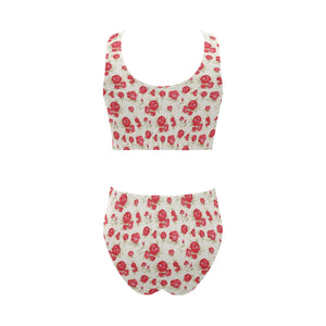 Rose Pattern Print Design 01 Chest Bowknot High Waisted Bikini Swimsuit