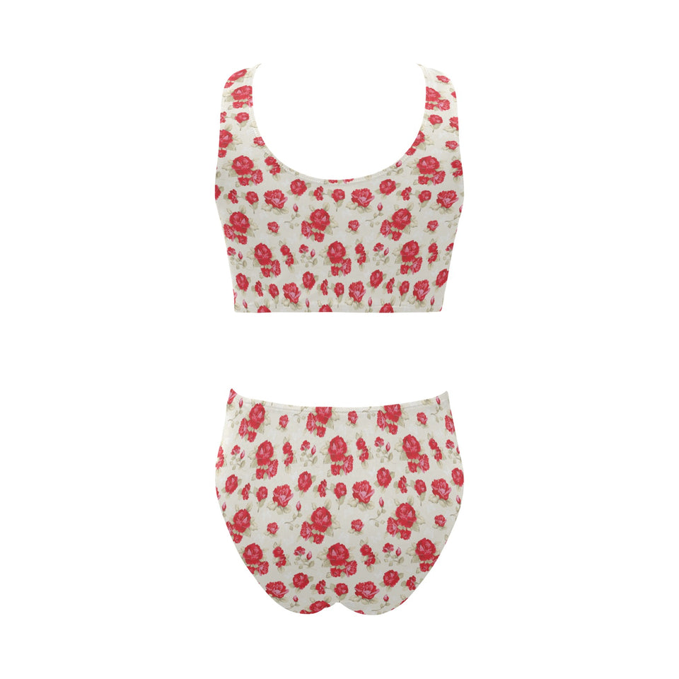 Rose Pattern Print Design 01 Chest Bowknot High Waisted Bikini Swimsuit