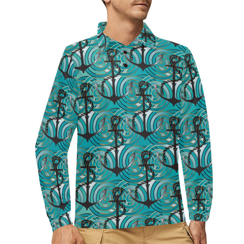 Anchor nautical green background Men's Long Sleeve Polo Shirt