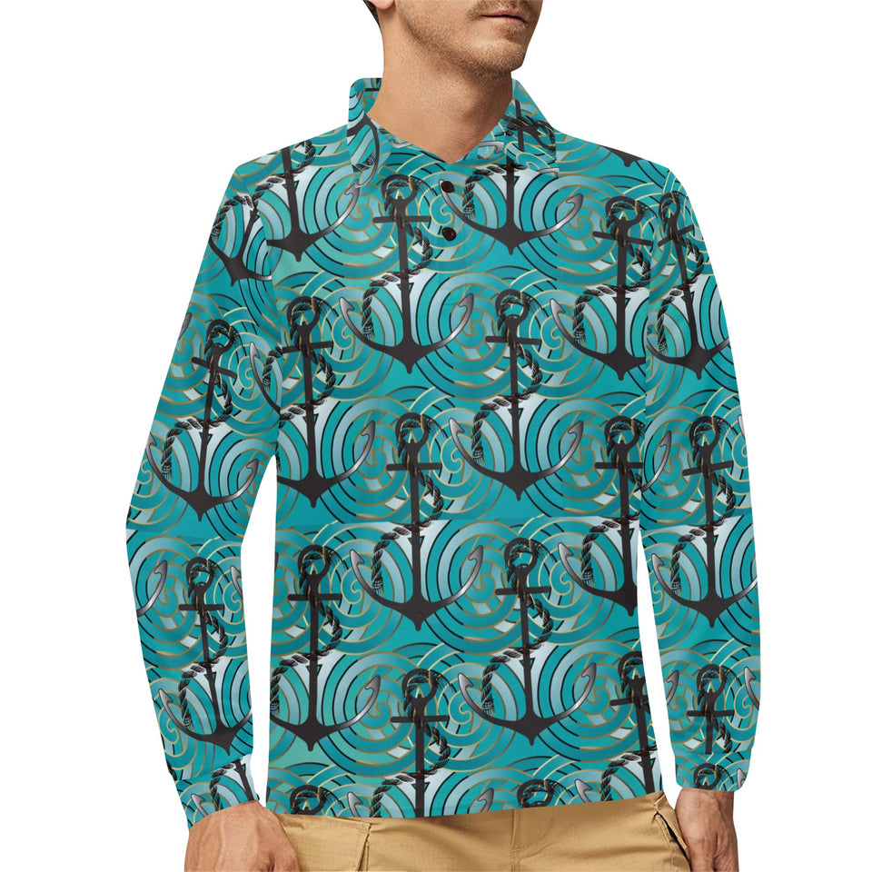 Anchor nautical green background Men's Long Sleeve Polo Shirt
