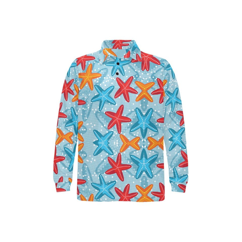 Blue red orange starfish pattern Men's Long Sleeve Polo Shirt