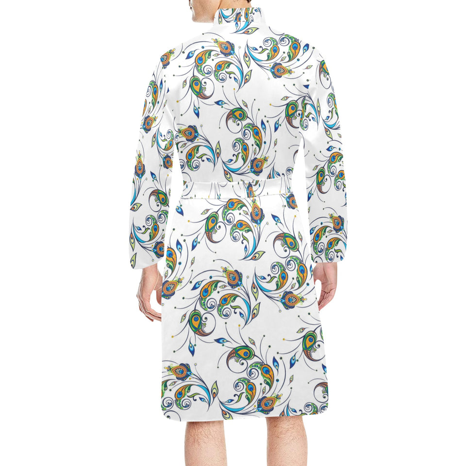 Peacock feather pattern Men's Long Sleeve Belted Night Robe