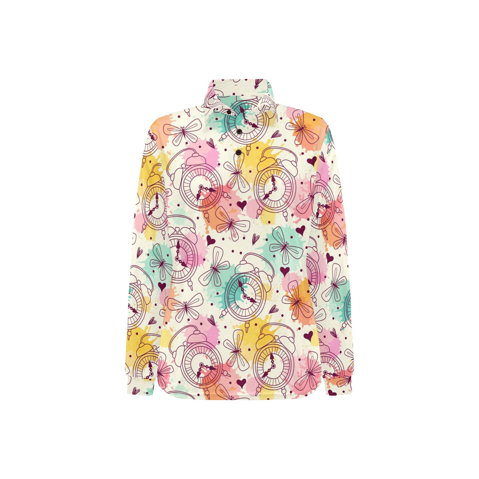 Clock butterfly pattern Women's Long Sleeve Polo Shirt