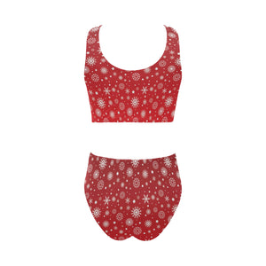 Snowflake pattern red background Chest Bowknot High Waisted Bikini Swimsuit