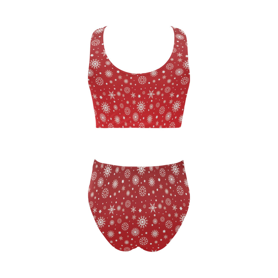 Snowflake pattern red background Chest Bowknot High Waisted Bikini Swimsuit