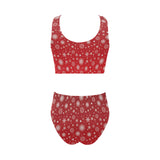 Snowflake pattern red background Chest Bowknot High Waisted Bikini Swimsuit