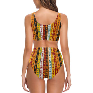Egypt Hieroglyphics Pattern Print Design 01 Chest Bowknot High Waisted Bikini Swimsuit