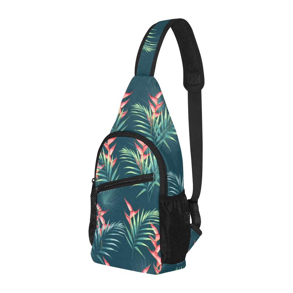 heliconia flowers, palm and monstera leaves on bla All Over Print Chest Bag
