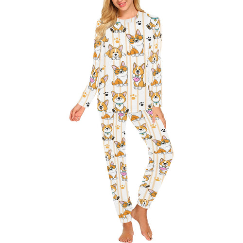 Cute dog corgi striped background pattern Women's All Over Print Pajama Set