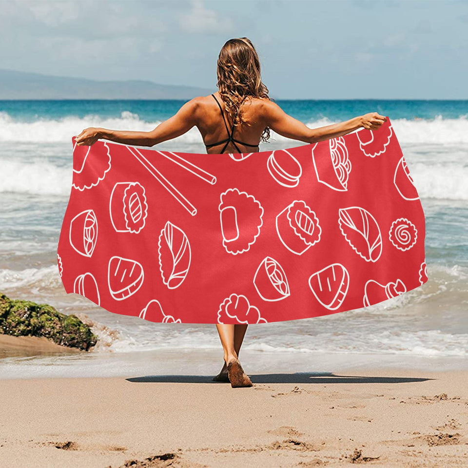 sushi pattern red background Beach Towel