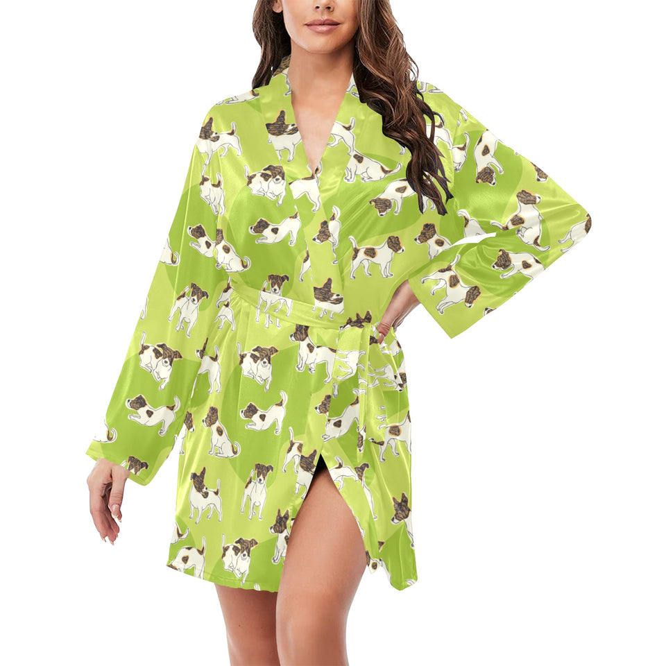 Jack Russel Pattern Print Design 01 Women's Long Sleeve Belted Night Robe