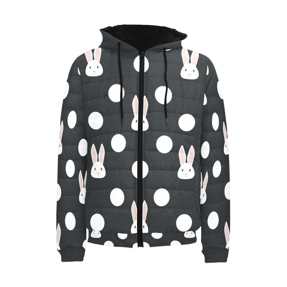 Cute white rabbit polka dots black background Men's Padded Hooded Jacket