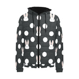 Cute white rabbit polka dots black background Men's Padded Hooded Jacket