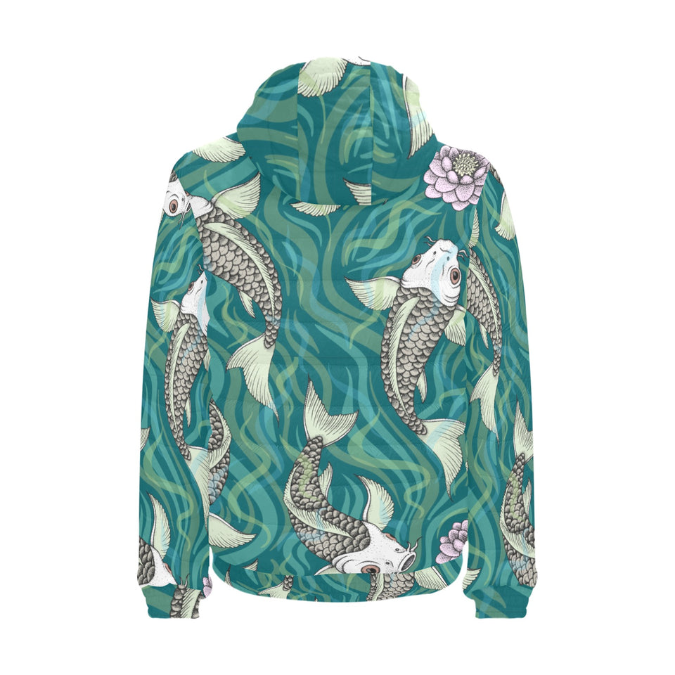 Koi Fish Carp Fish lotus pattern Men's Padded Hooded Jacket