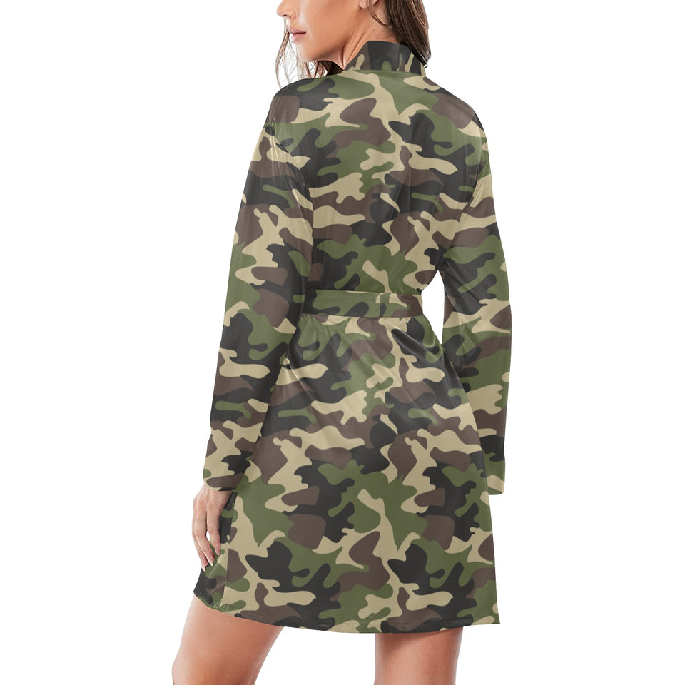 Dark Green camouflage pattern Women's Long Sleeve Belted Night Robe