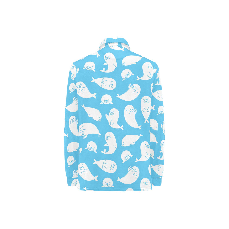 Cute white sea lion seals pattern Women's Long Sleeve Polo Shirt