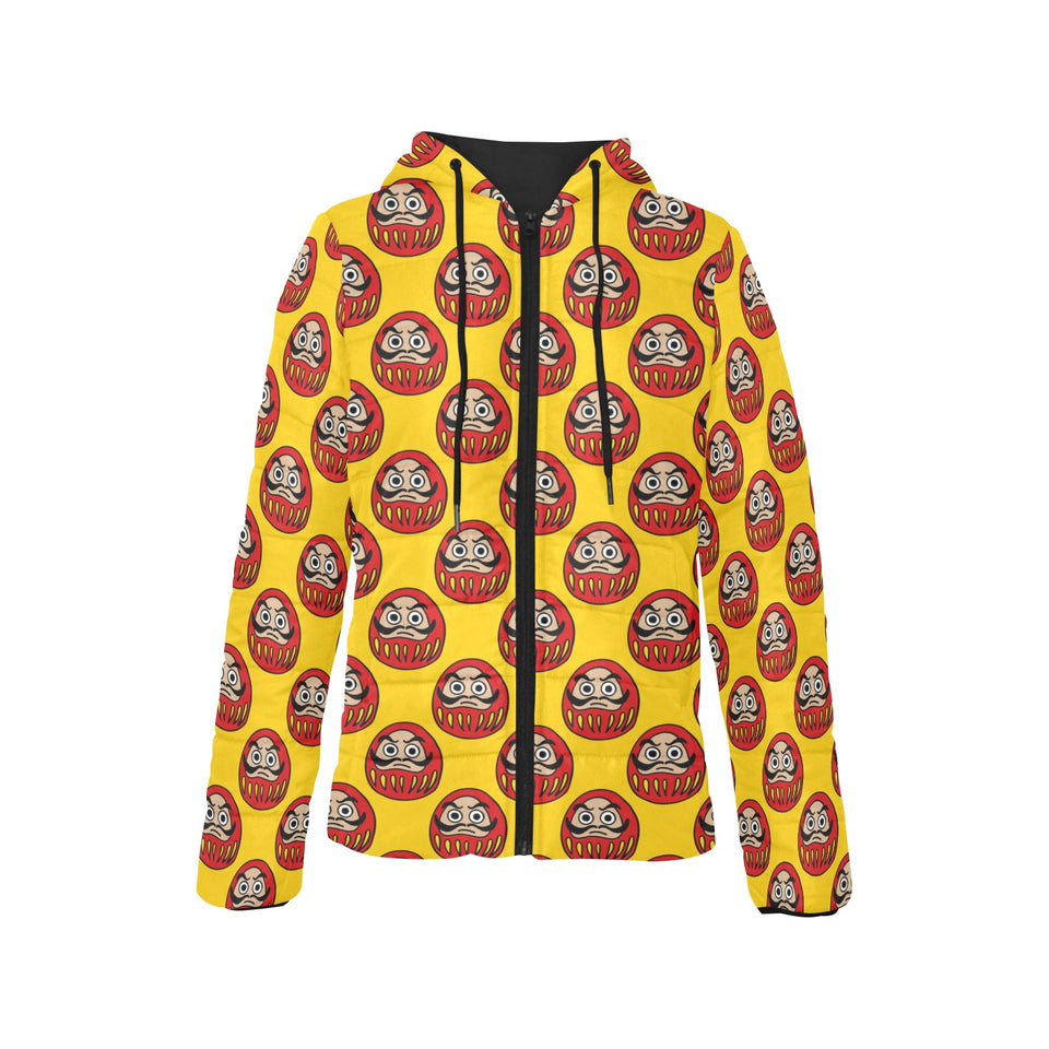 Daruma japanese wooden doll yellow background Women's Padded Hooded Jacket