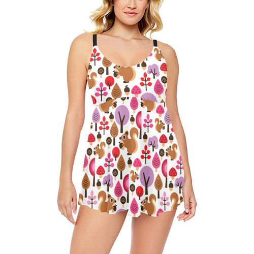 Squirrel Pattern Print Design 02 Chest Sexy Pleated Two Piece Swim Dress