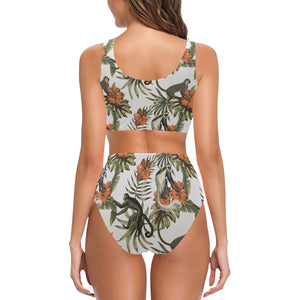 Monkey red hibiscus flower palm leaves floral patt Chest Bowknot High Waisted Bikini Swimsuit