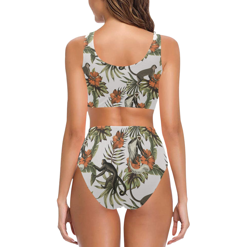 Monkey red hibiscus flower palm leaves floral patt Chest Bowknot High Waisted Bikini Swimsuit