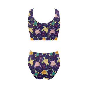 Colorful sea turtle pattern Chest Bowknot High Waisted Bikini Swimsuit