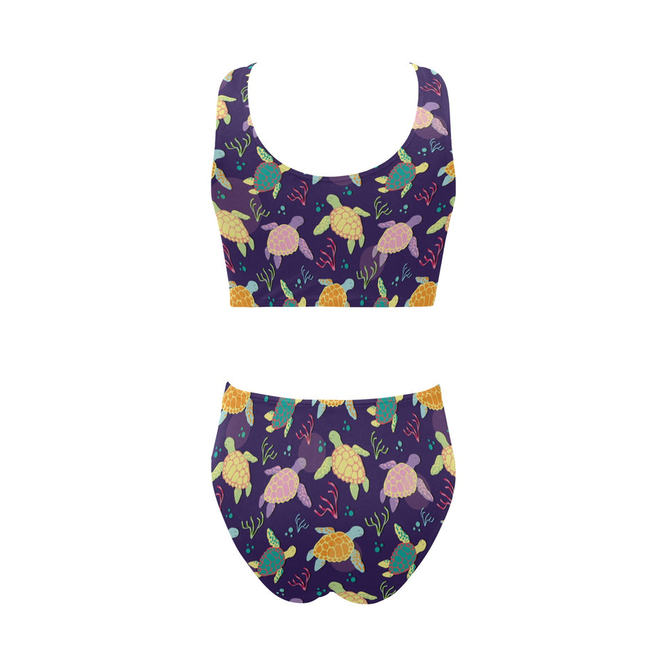 Colorful sea turtle pattern Chest Bowknot High Waisted Bikini Swimsuit