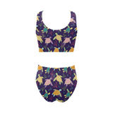 Colorful sea turtle pattern Chest Bowknot High Waisted Bikini Swimsuit
