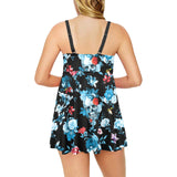 Skull flower roses leave pattern Chest Sexy Pleated Two Piece Swim Dress