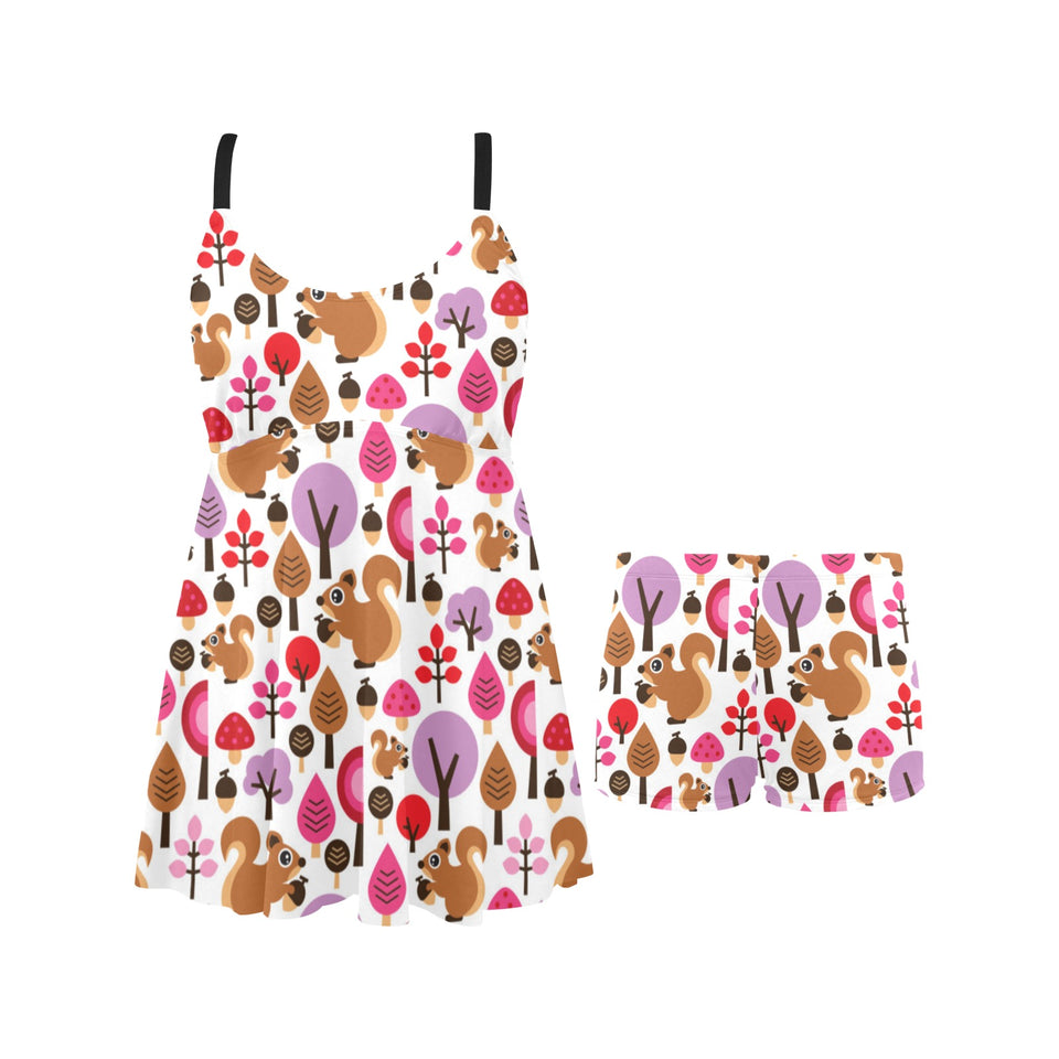 Squirrel Pattern Print Design 02 Chest Sexy Pleated Two Piece Swim Dress