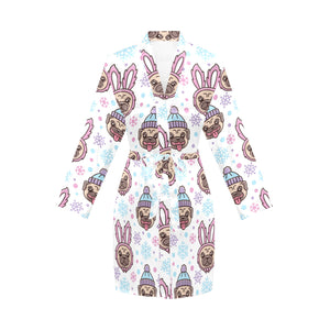 Cute pug hat rabbit costume pattern Women's Long Sleeve Belted Night Robe
