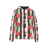 red and white tulips pattern Women's Padded Hooded Jacket