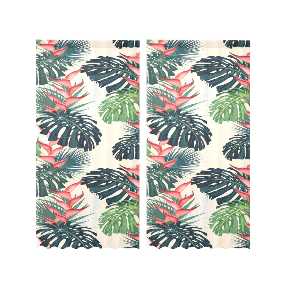 heliconia flowers, palm and monstera leaves Gauze Curtain
