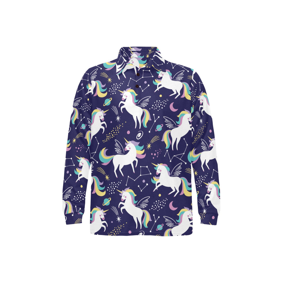 Hand drawn cute unicorn star planet Men's Long Sleeve Polo Shirt
