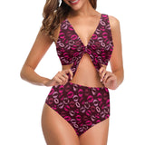 Lips Pattern Print Design 03 Chest Bowknot High Waisted Bikini Swimsuit