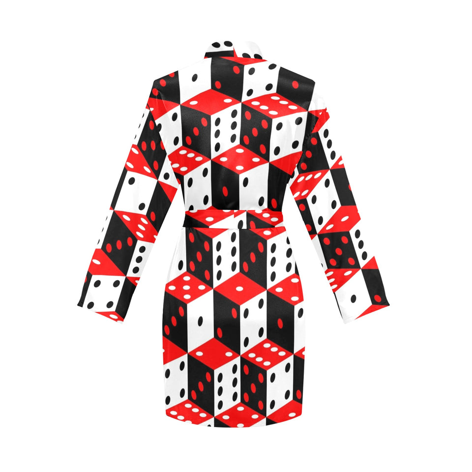 Dice Pattern Print Design 02 Women's Long Sleeve Belted Night Robe