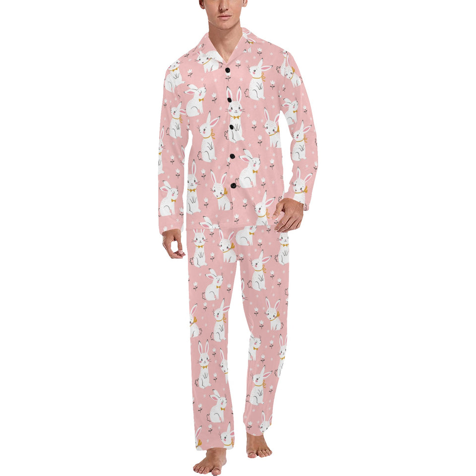 Cute white rabbit flower pink background Men's Long Pajama Set