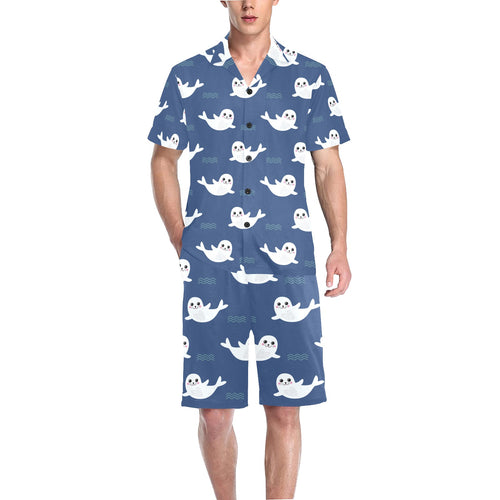 Cute white baby sea lion seal pattern Men's V-Neck Short Pajama Set