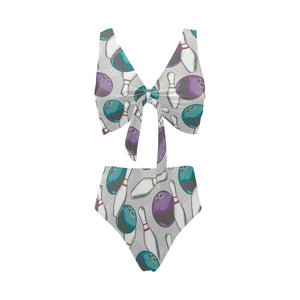 Bowling ball and pin gray background Chest Bowknot High Waisted Bikini Swimsuit