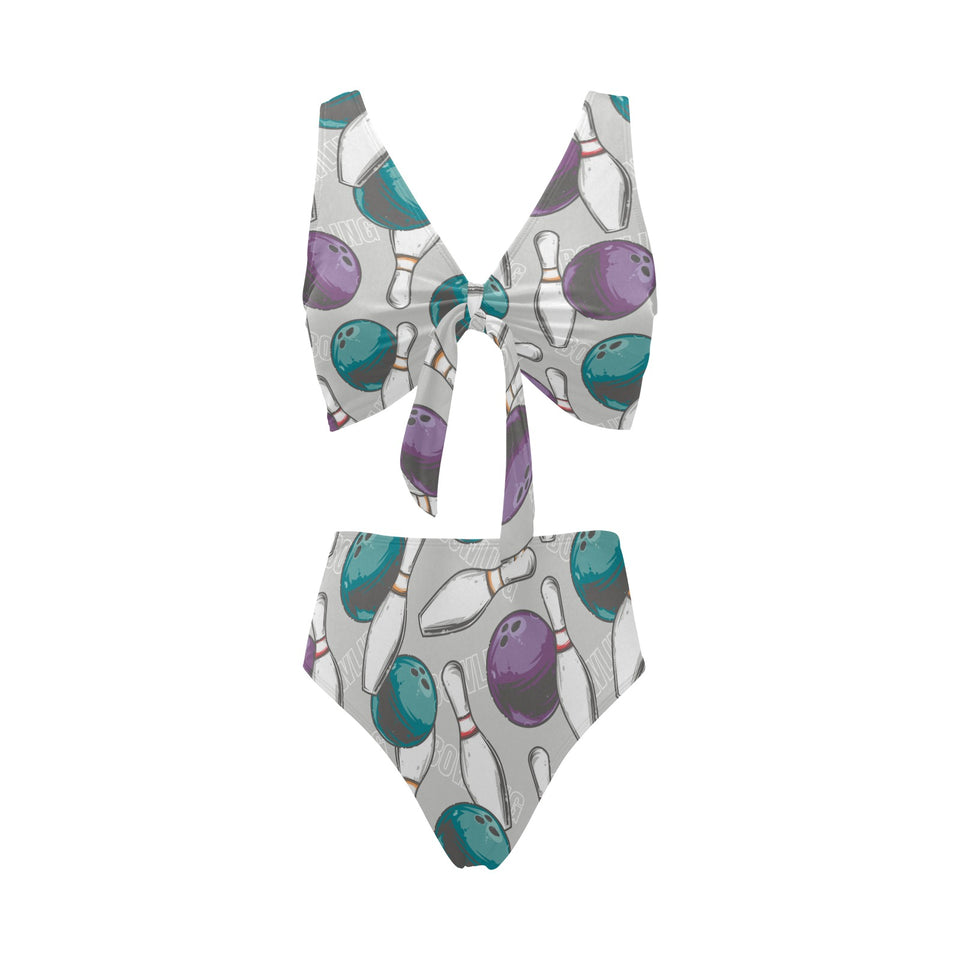 Bowling ball and pin gray background Chest Bowknot High Waisted Bikini Swimsuit