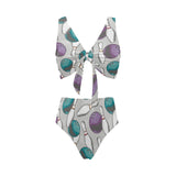 Bowling ball and pin gray background Chest Bowknot High Waisted Bikini Swimsuit